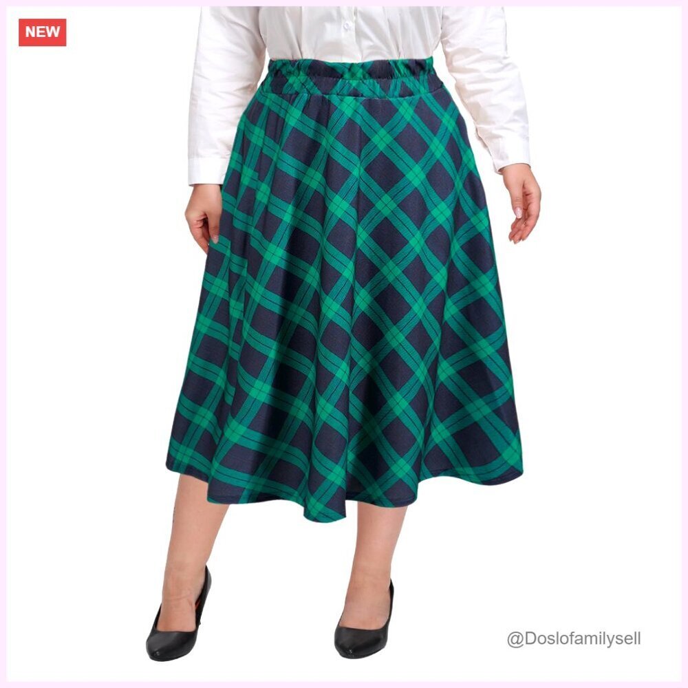 Plus Size Midi Skirt High Elastic Waist A-Line Flared Skater with Pockets